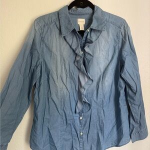 Chico's Classic Women's Lightweight Jean Blouse Ruffle Front Sz 2 (US 12)